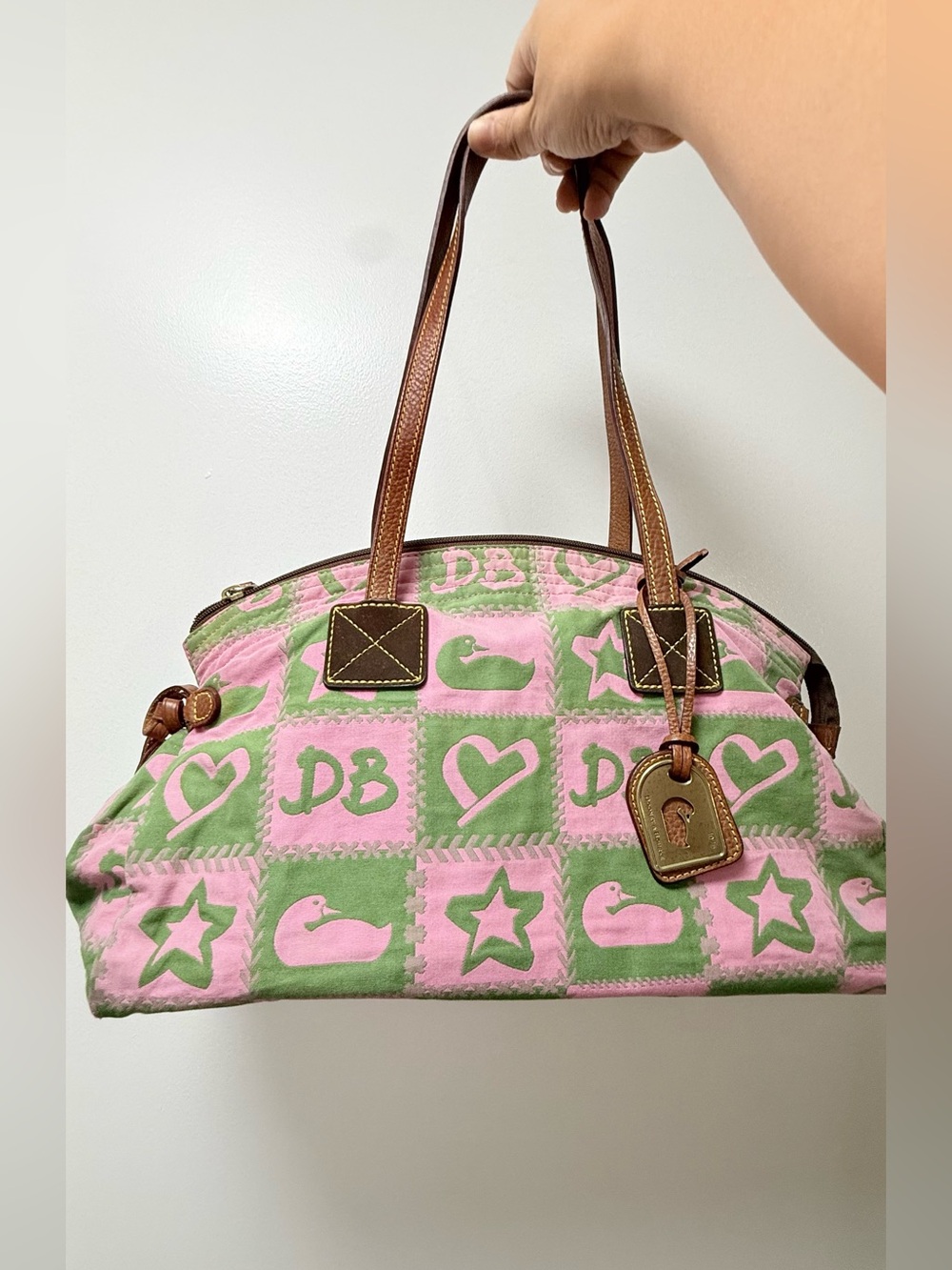 Dooney & Bourke Pink and Green Patchwork Canvas Satchel
